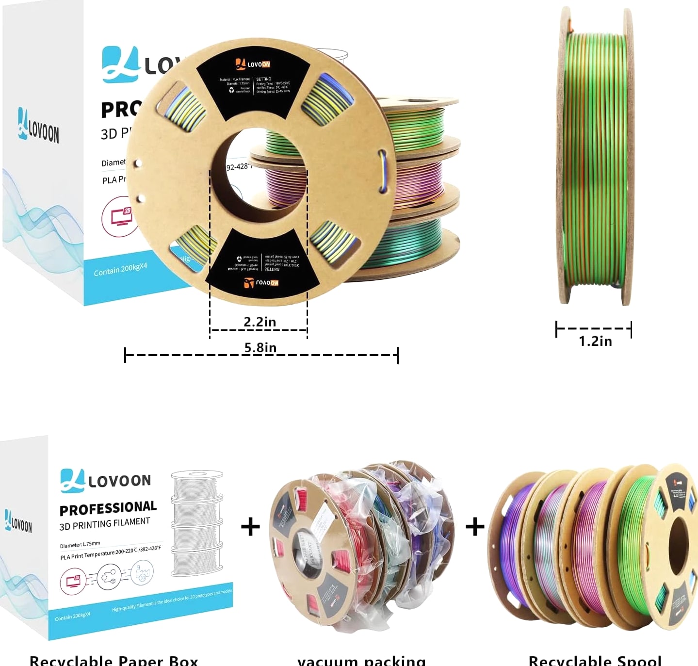 3D PLA Filament 1.75mm Bundle, Tri-Color 3D Printer Filament, Rainbow Silk