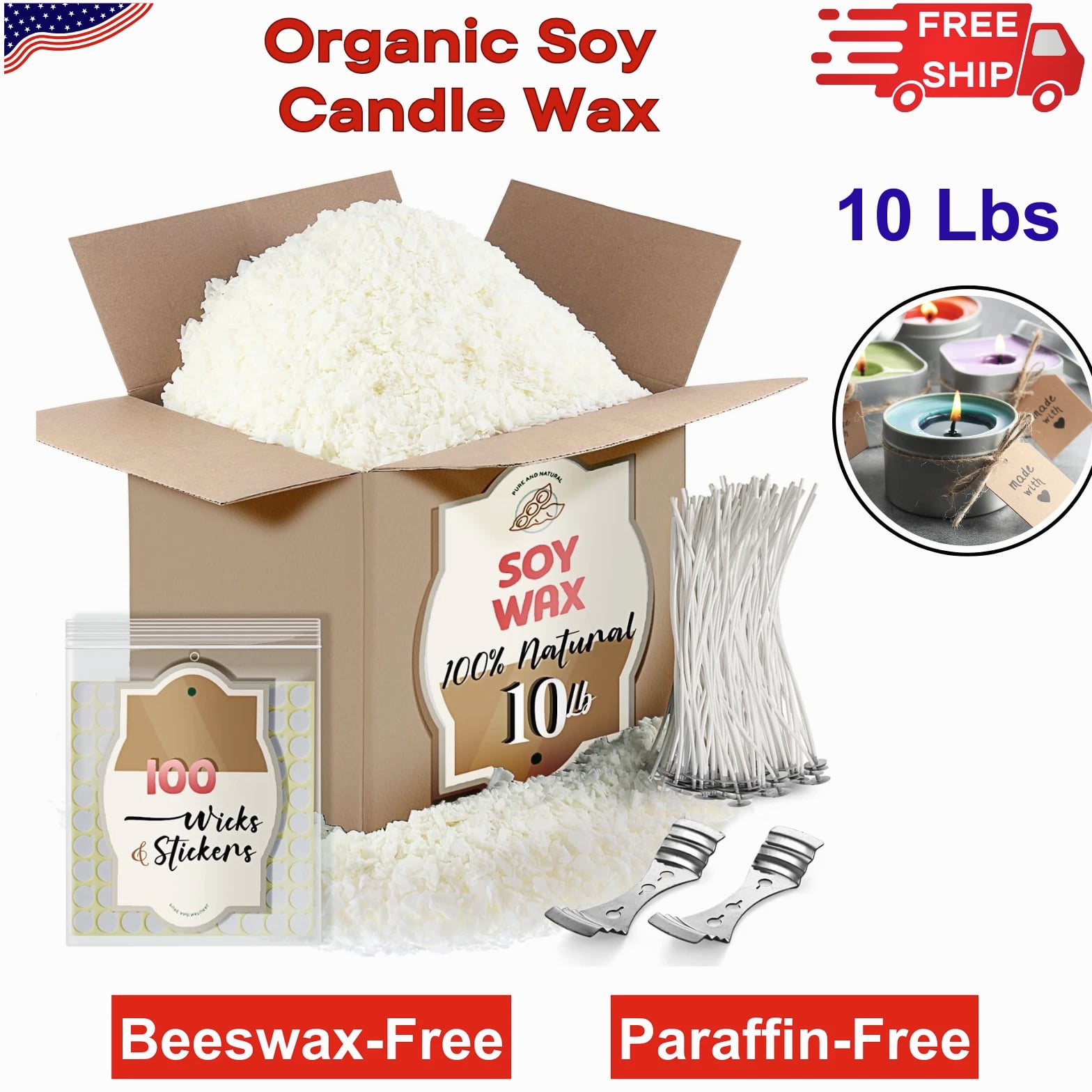 Natural Organic Soy Candle Wax Bulk For Candle Making, 10 lbs Soy Wax Flakes Kit