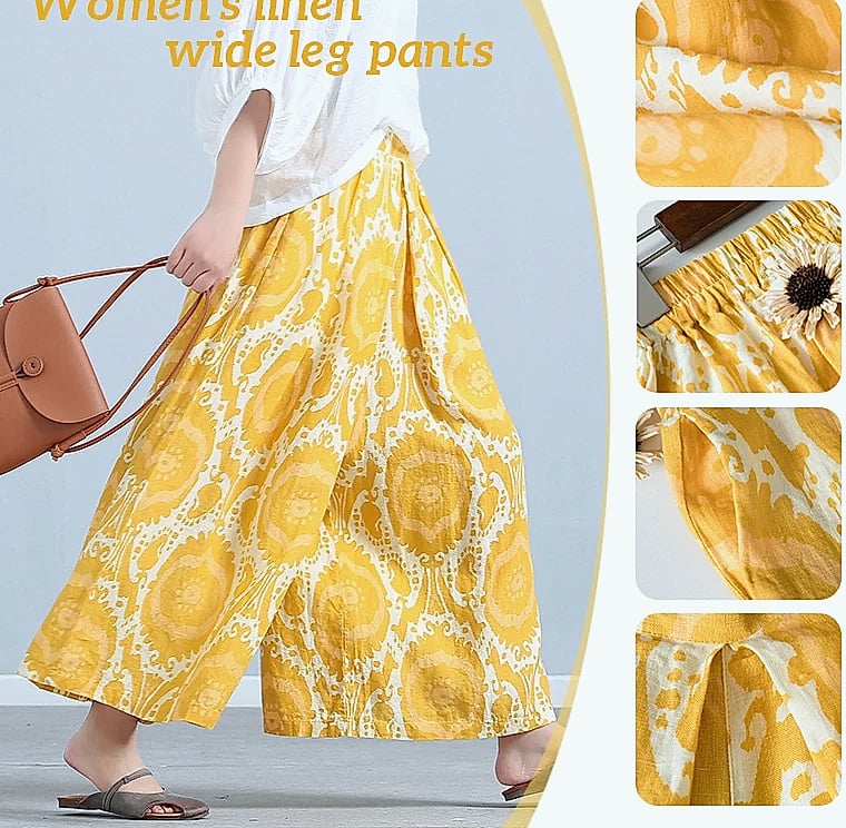 Yellow Linen Blend Wide-leg Casual Pants with Elastic Waist
