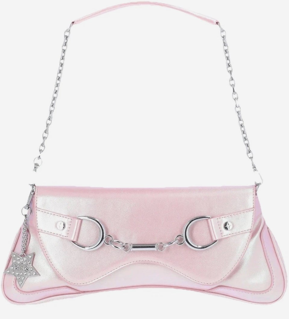 Paris Hilton Womens Rider Large Shoulder Baguette Bag Pink Purse Shiny Metallic