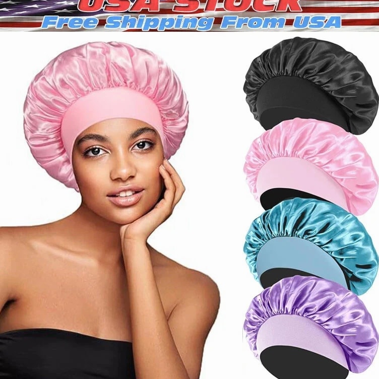 Women Satin Bonnet Night Sleep Cap, Silk Head Cover with Wide Elastic Band Hair Hat