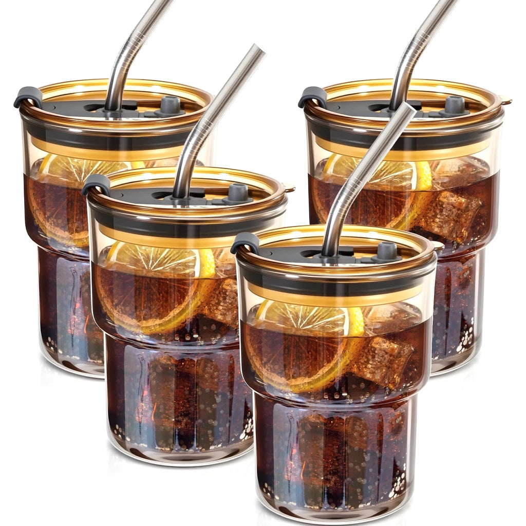 4 Packs Glass Tumbler with Lid and Straw 13 oz Cute Ice Coffee Cup Set for Sm...