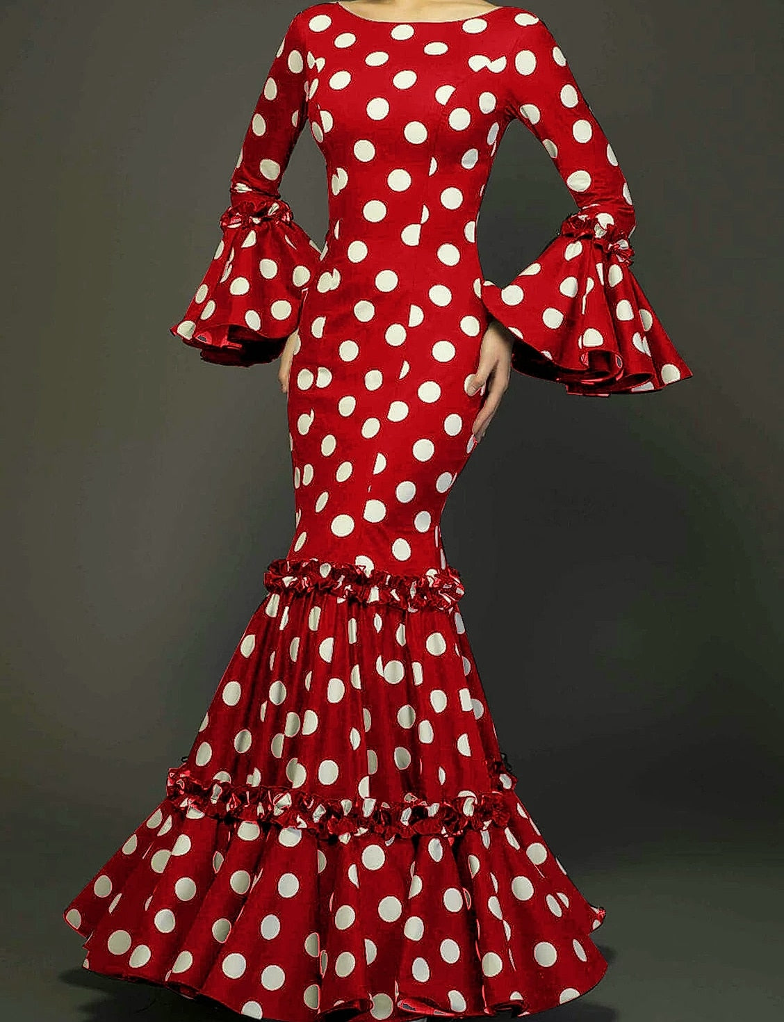 Polka Dot Trumpet Sleeve Evening Dress with Fishtail Hem