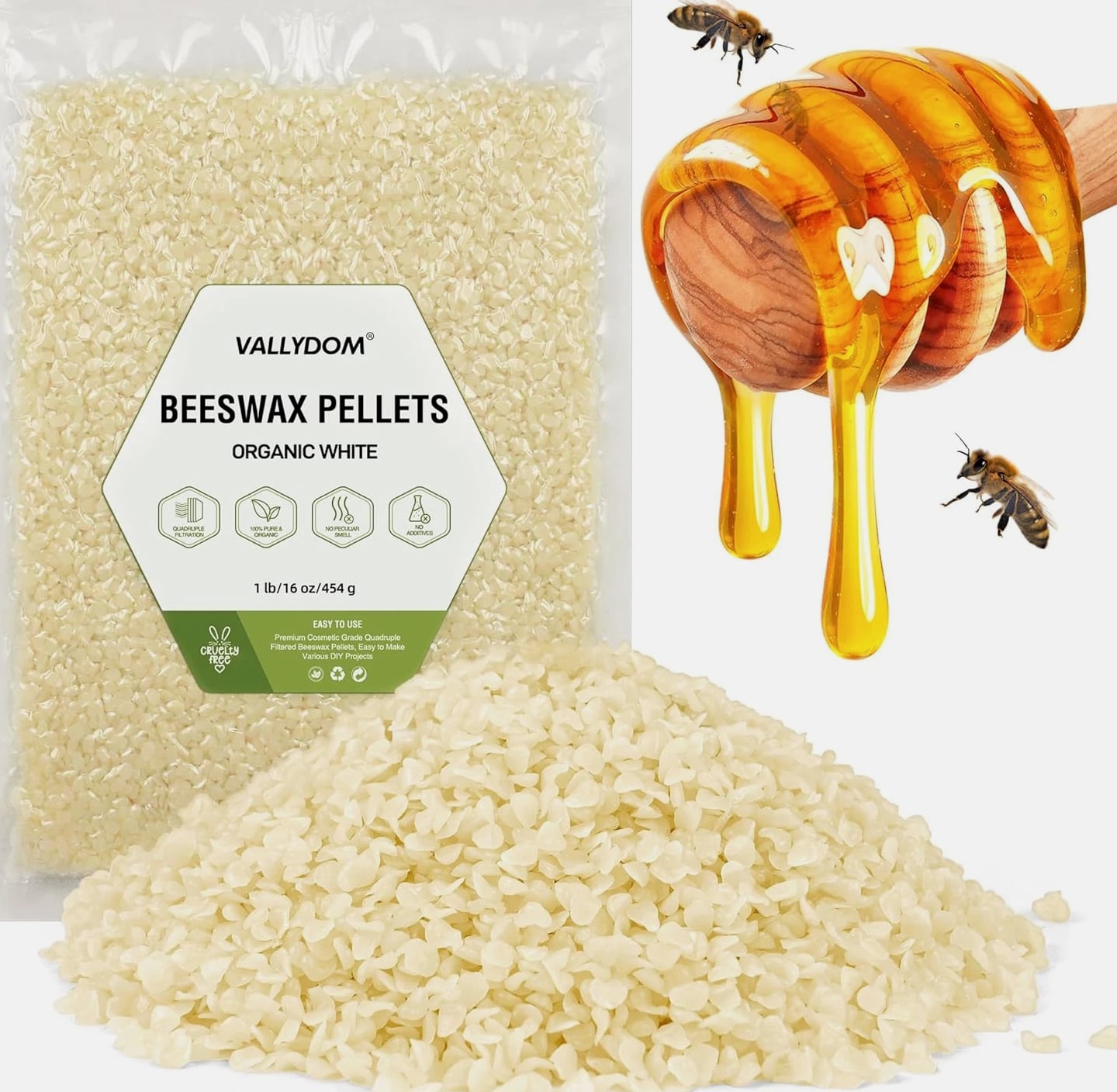 Organic Beeswax Pellets - 453G White Beeswax Pastilles, Pure Natural Bulk Bees