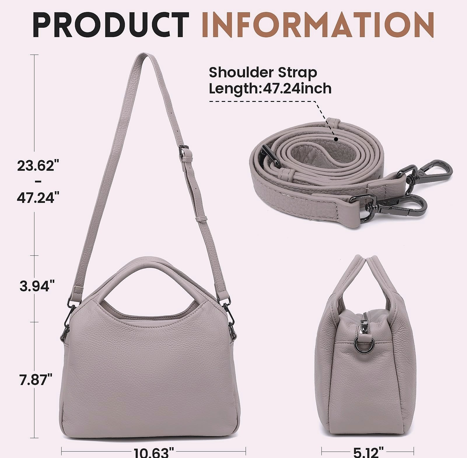KOGTLA Medium Genuine Leather Handbag with Detachable Satchel Strap