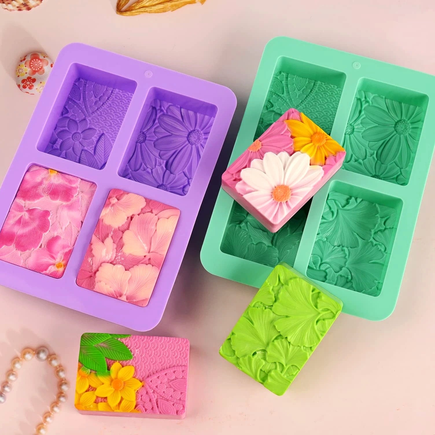 2 Pack Silicone Soap Molds, Rectangle Soap Making Mold, 3D Rectangular Flower Pattern