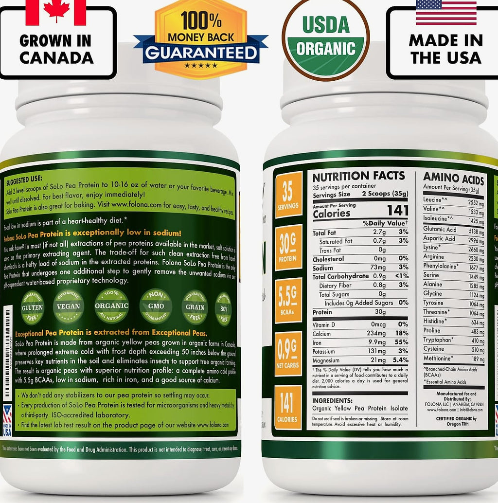 FOLONA SOLO Organic Pea Protein Isolate Powder 2.7 lbs