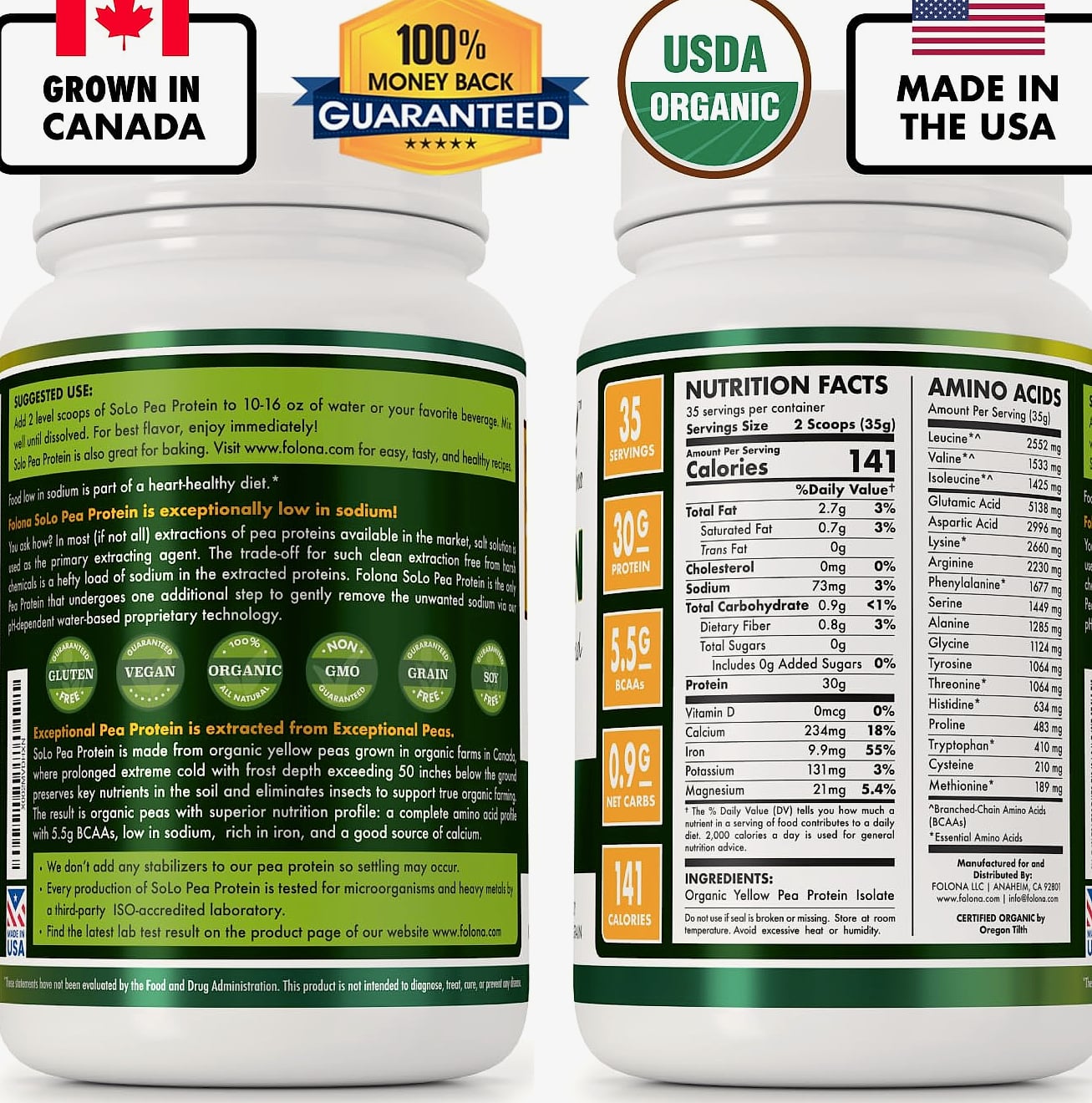FOLONA SOLO Organic Pea Protein Isolate Powder 2.7 lbs