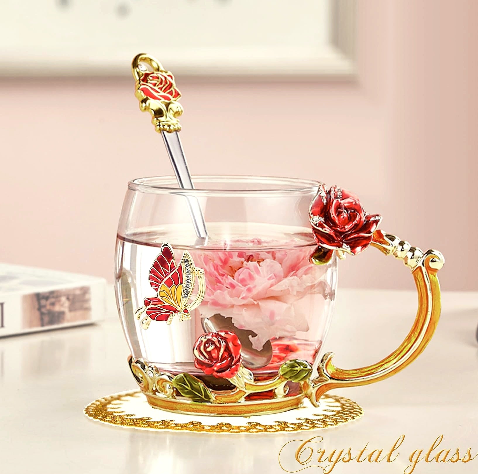 OEAGO Enamel Glass Coffee Mug with Butterfly and Rose Design