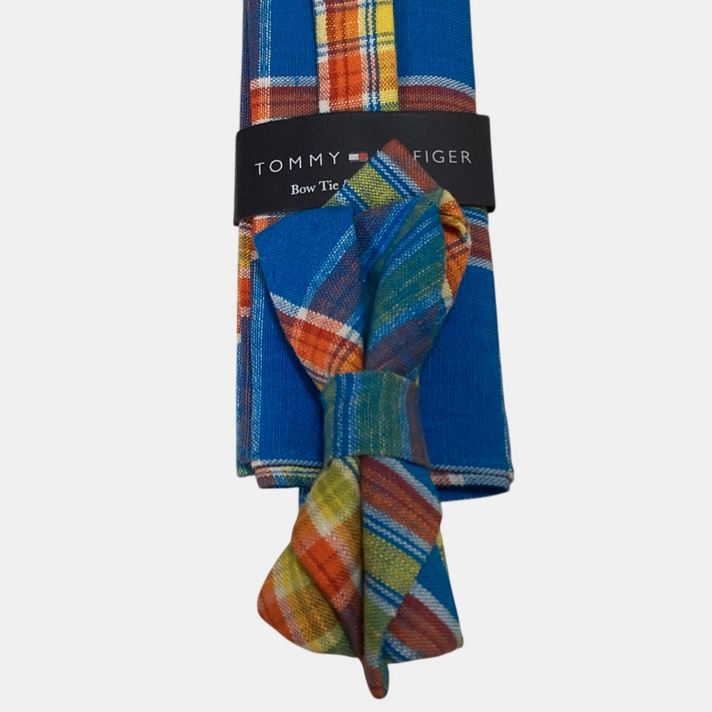 TOMMY HILFIGER Cotton BOW TIE & POCKET SQUARE Set Designer PLAID Blue/Multi NWT
