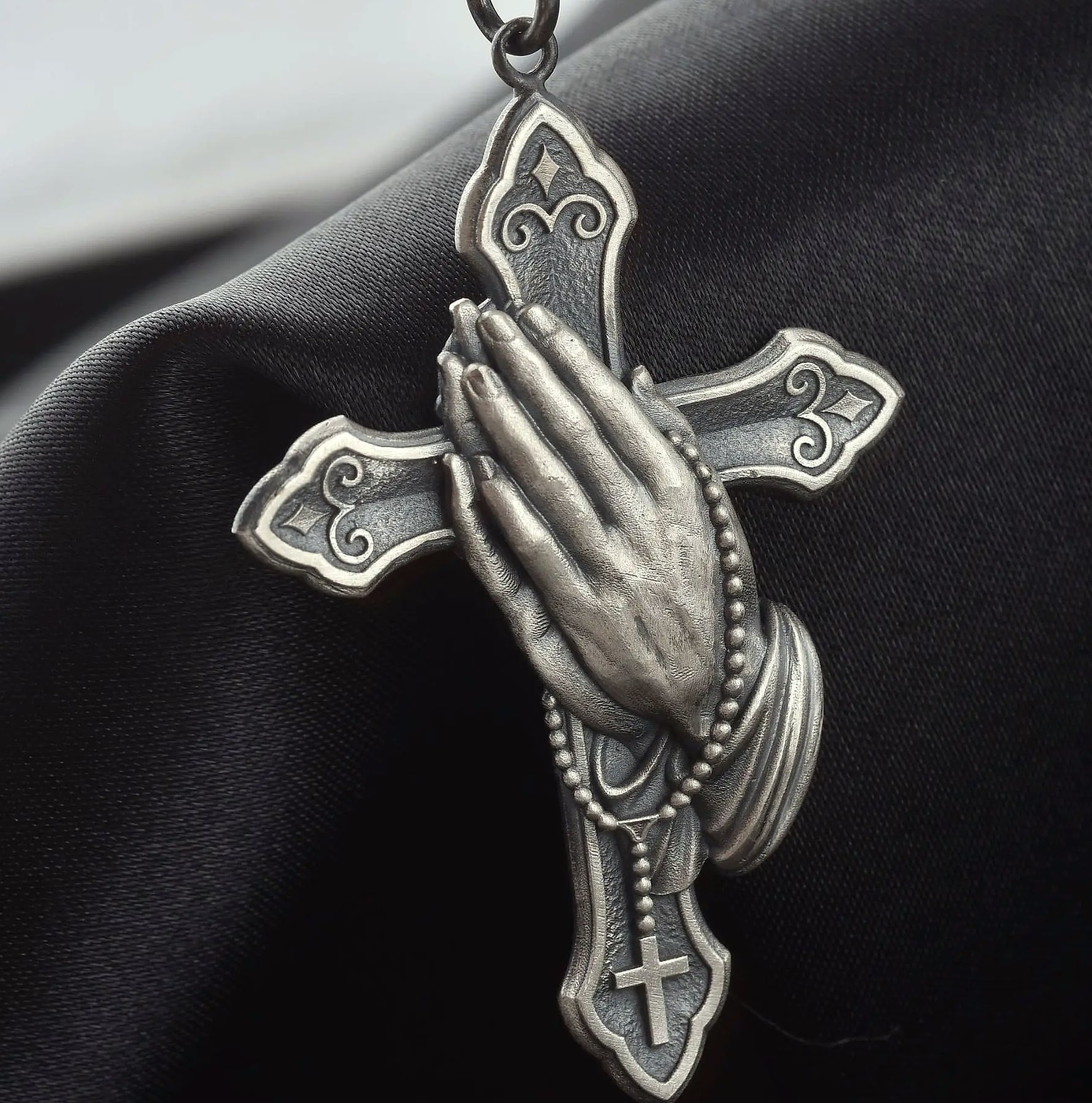 Stainless Steel Prayer Hands Cross Pendant Necklace