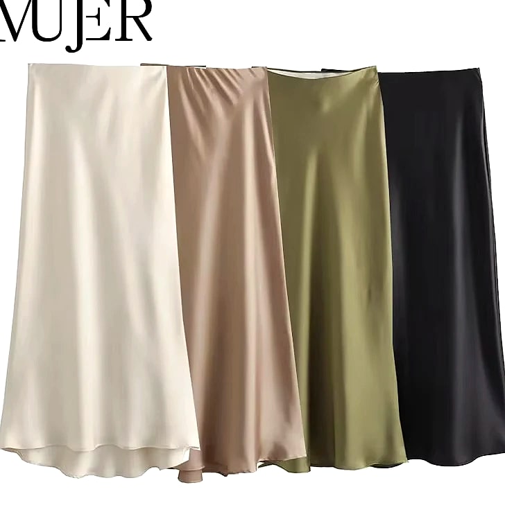 MUJER Woman 2026 Satin Midi Skirt High Waist Black