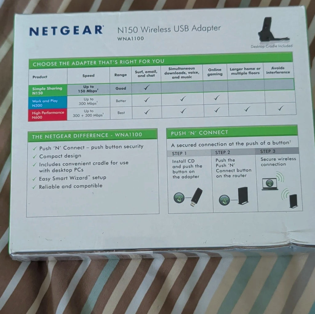 NETGEAR N150 Wireless USB Adapter Wi-Fi 802.11n 150Mbps USB Push Connect