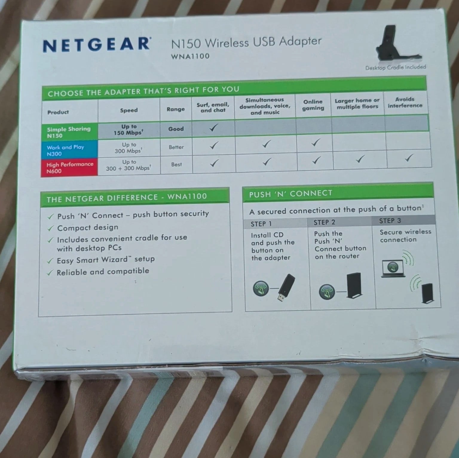 NETGEAR N150 Wireless USB Adapter Wi-Fi 802.11n 150Mbps USB Push Connect