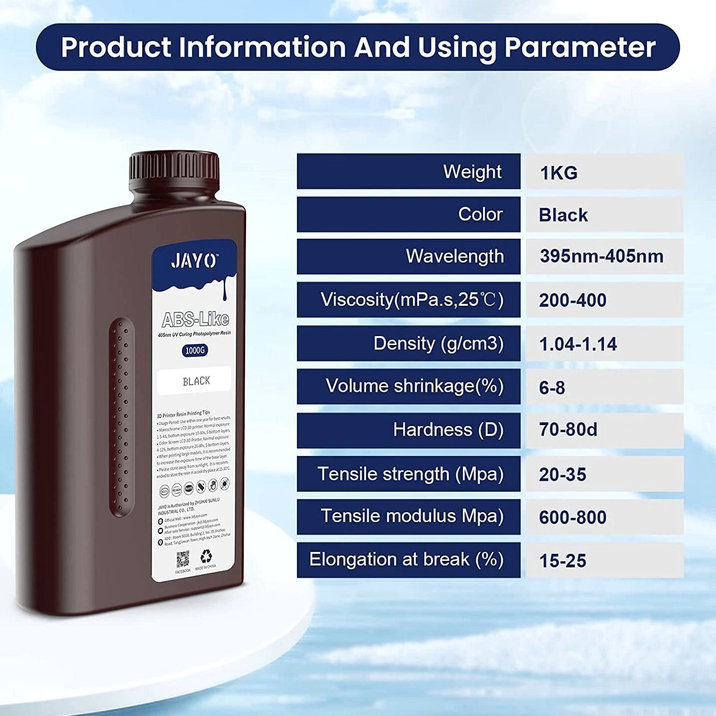 JAYO 1KG 405nm Standard/ABS-Like/Nylon-Like/Water Washable/14K UV Resin for 3D LCD