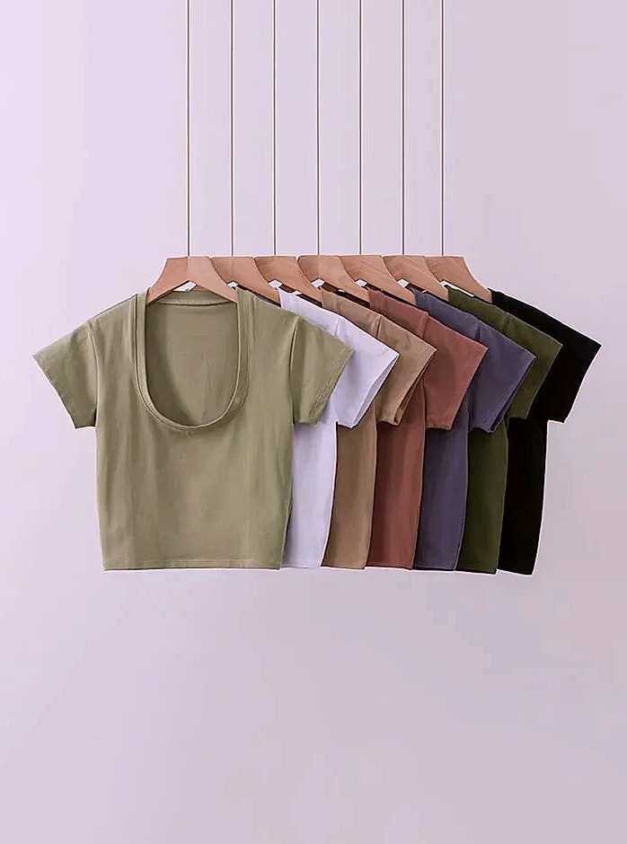 Dozw U-Neck Crop Top High Waist Women's Casual T-Shirt