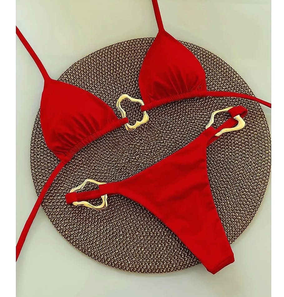 Lace-up Solid Color Two-piece Bikini Swimsuit for Women