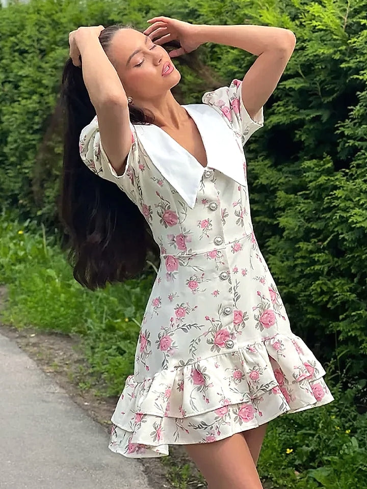 btuce Floral Printed A-line Dress with Puff Sleeves