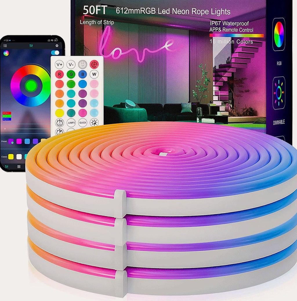 SILFU 50ft RGB LED Neon Strip Lights with Music Sync and Remote