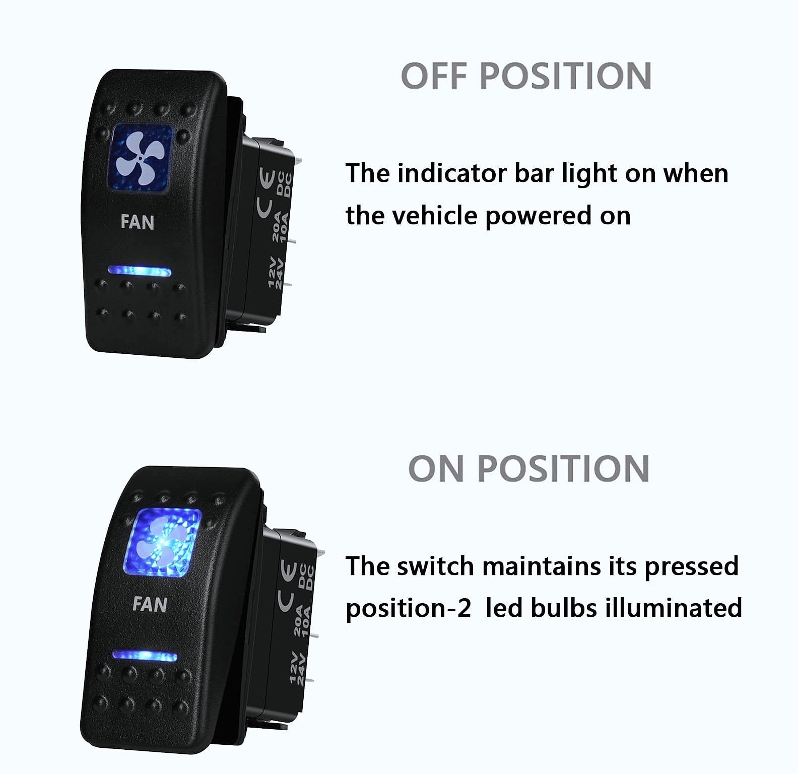 BACAUTOPARTS 5 Pin Rocker Switch 12V/20A 24V/10A LED Toggle