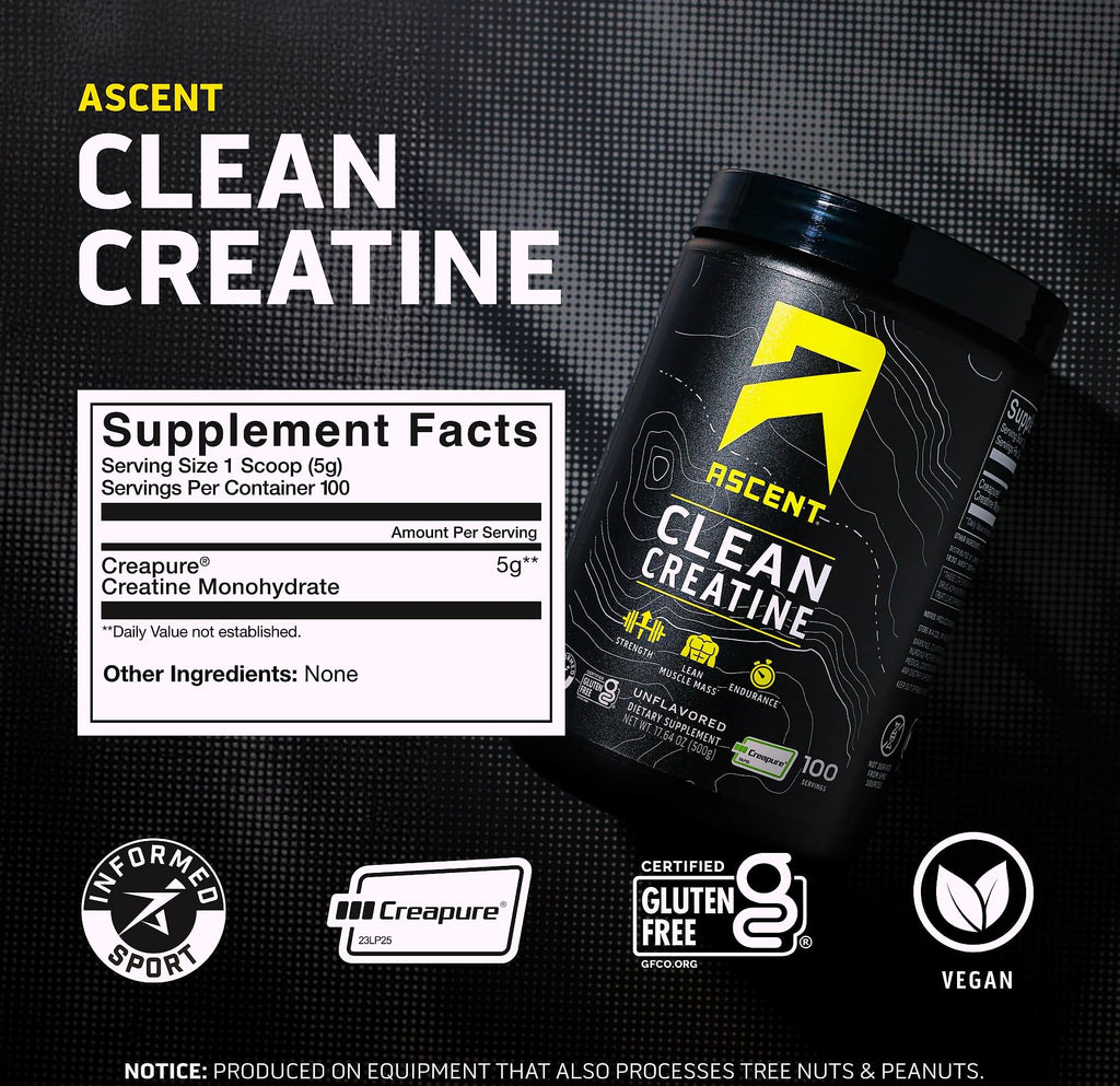 Ascent Clean Creatine Monohydrate Powder, 5G Per Serving