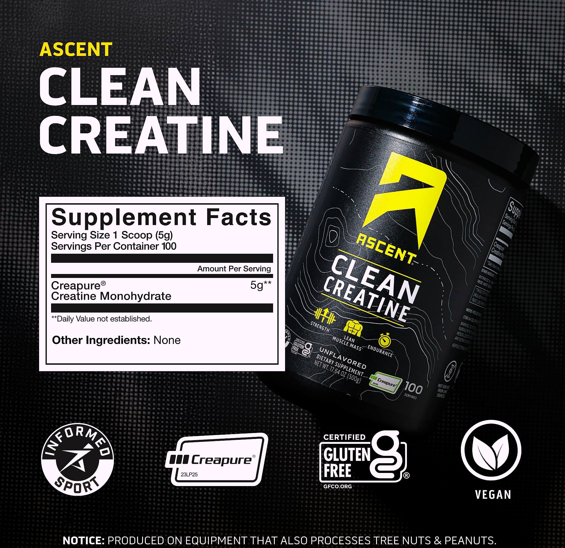 Ascent Clean Creatine Monohydrate Powder, 5G Per Serving