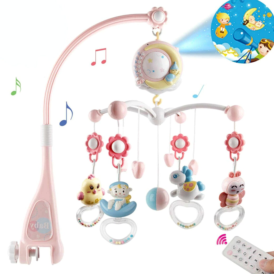 Baby Crib Mobile with Music and Lights,Moon & Star Projector Toys with 108 Songs