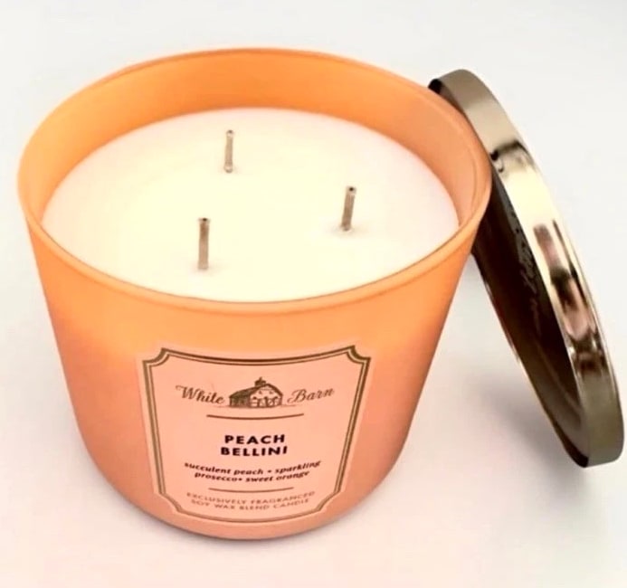 Bath & Body Peach Bellini 3-Wick Candle. White Barn Classic. Discontinued.