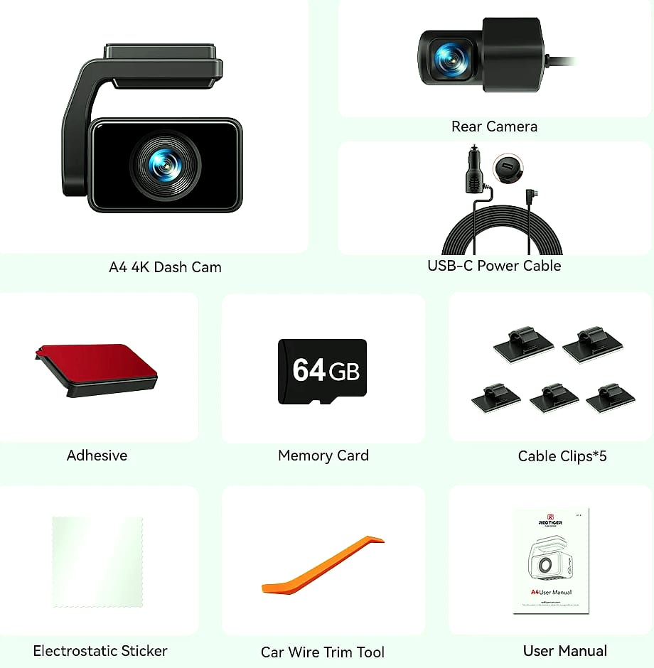 Redtiger A4 4K Dash Cam with GPS, WiFi, and Rear Camera