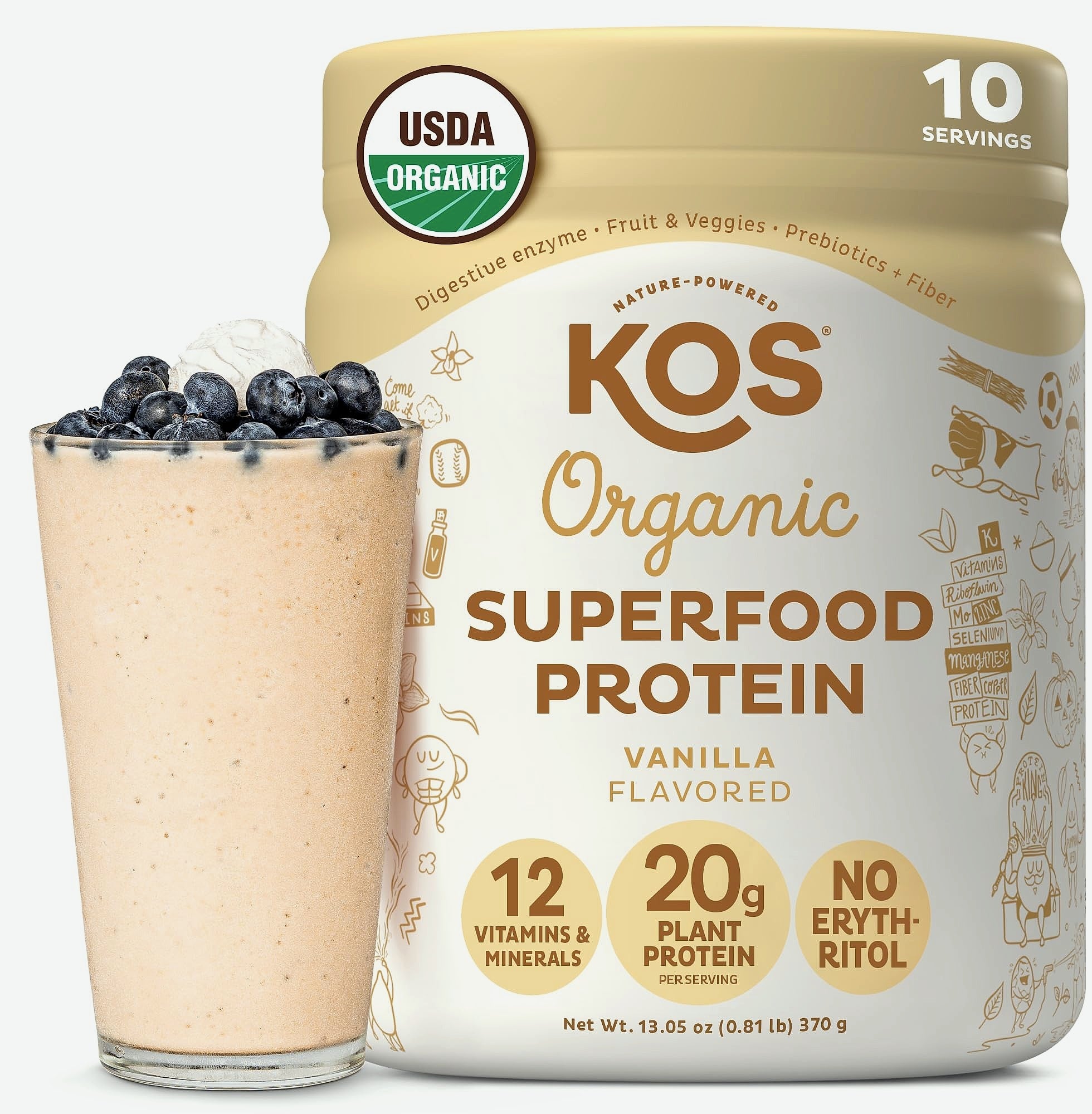 KOS Plant Based Vanilla Protein Powder, Organic Vegan