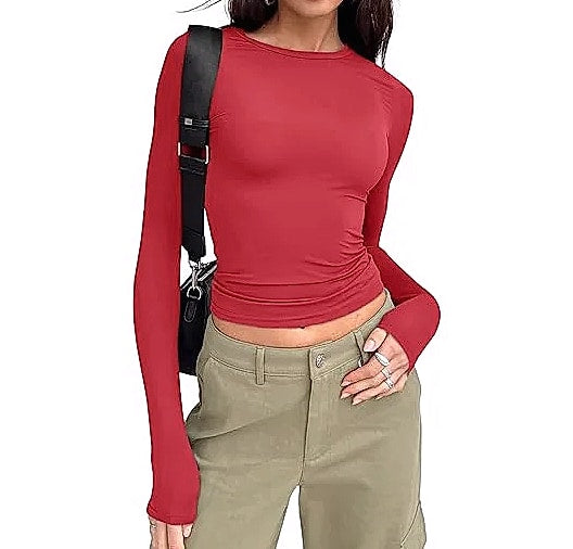 Women's Long Sleeve Crew Neck T-Shirt Slim Fit Solid Tee