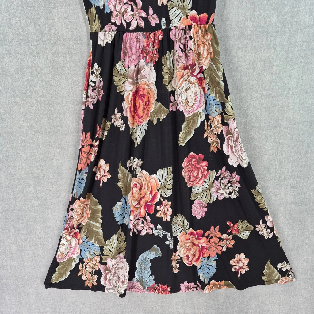 Vintage Promesa Dress Medium Romantic Black Floral Midi Fit Flare Pockets Boho