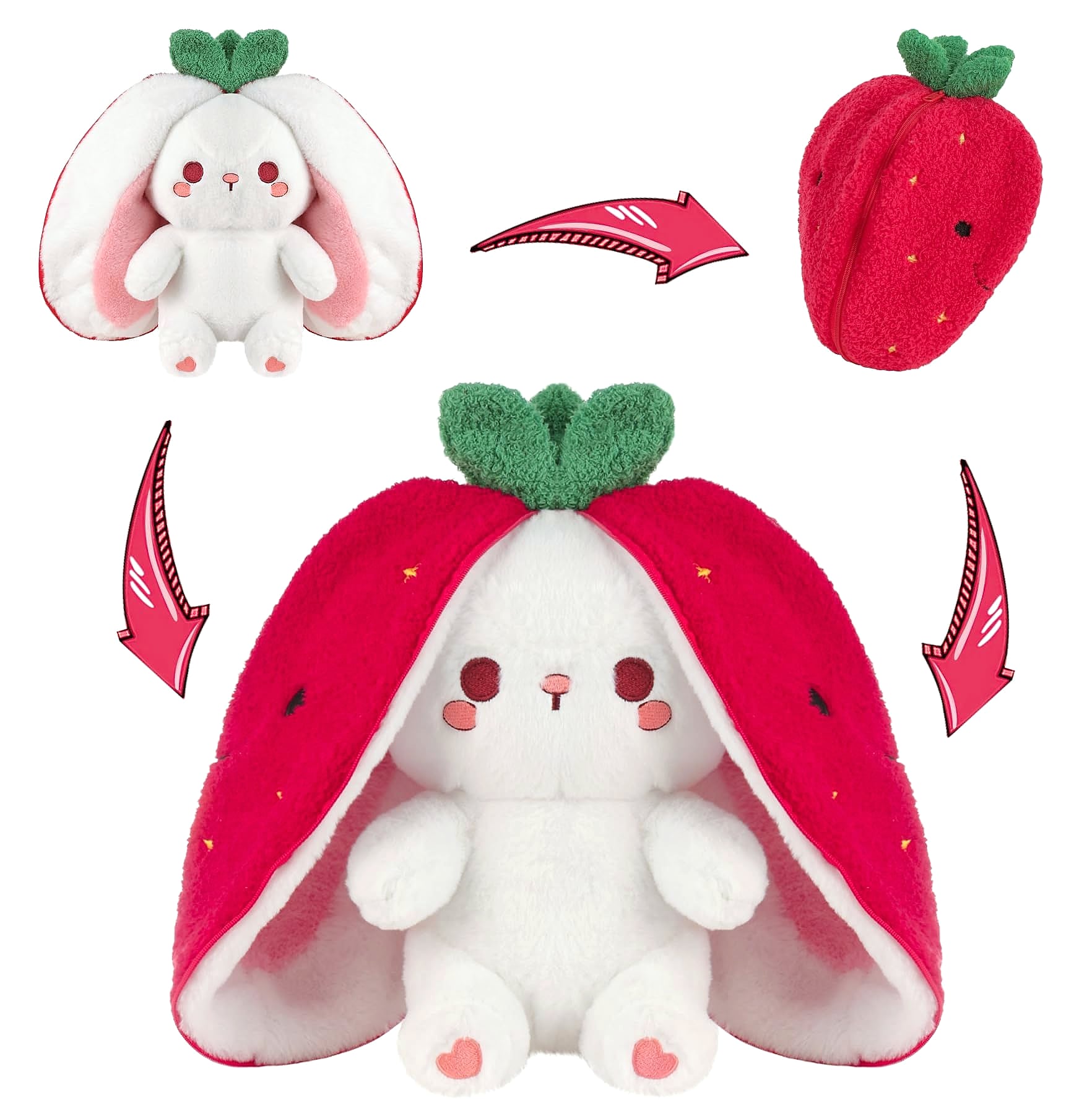 MIAODAM Reversible Strawberry Bunny Plush Toy, 7 inch