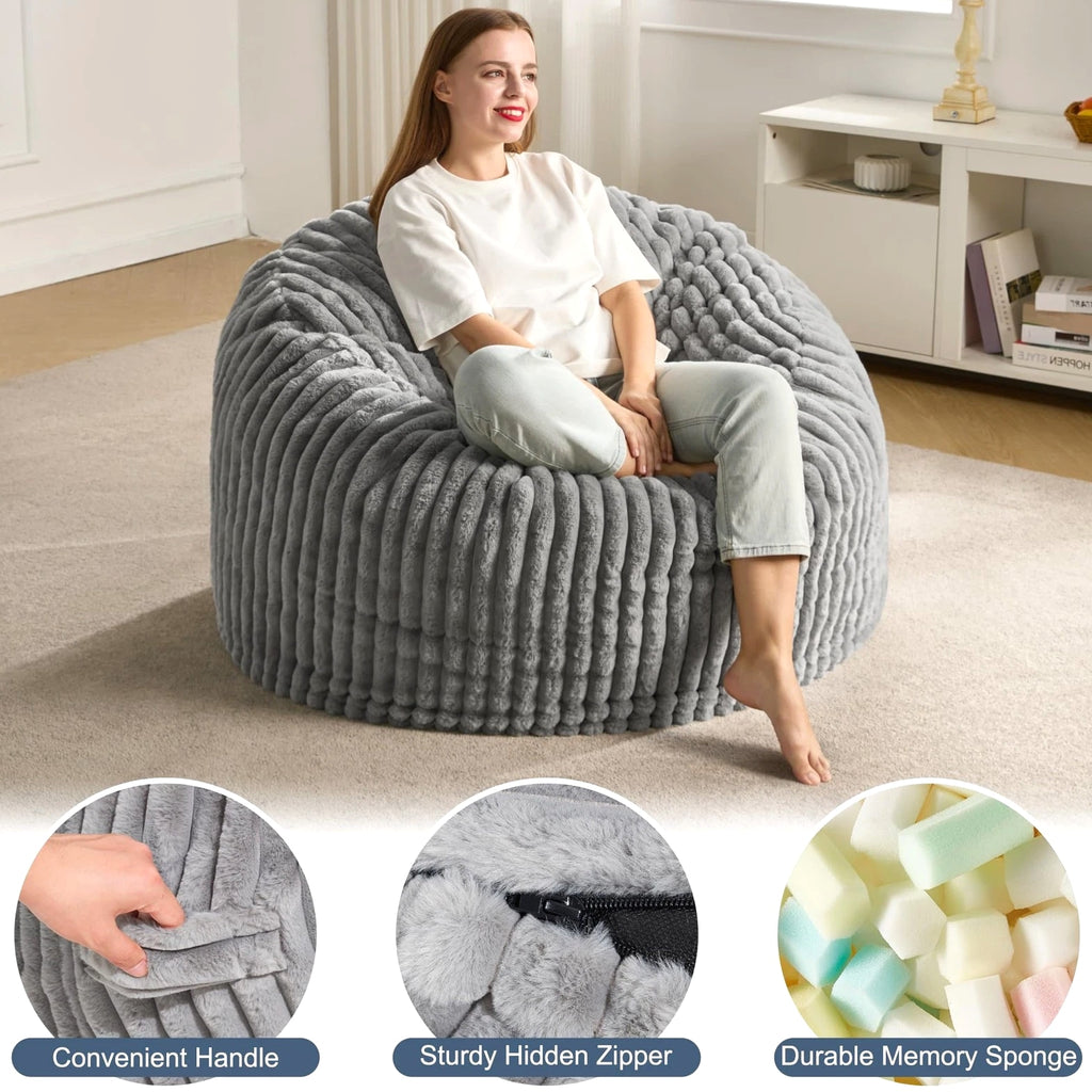 3ft Bean Bag Chairs for Adults, Large Beanbag Chair w/ Stripe Plush Cover Bi...