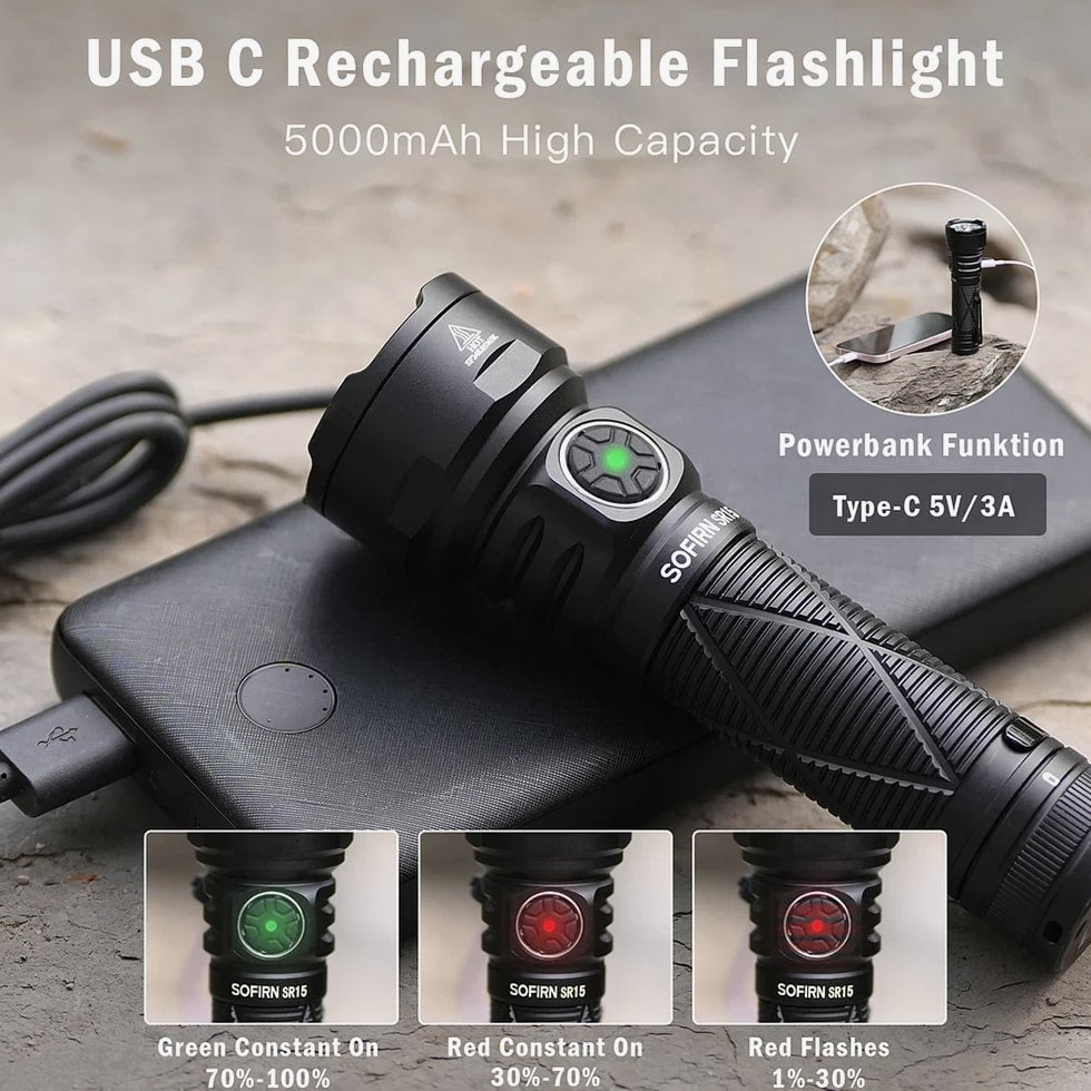 Sofirn SR15 LED Flashlight 4500LM USB-C Rechargeable Power Bank IP68 510m