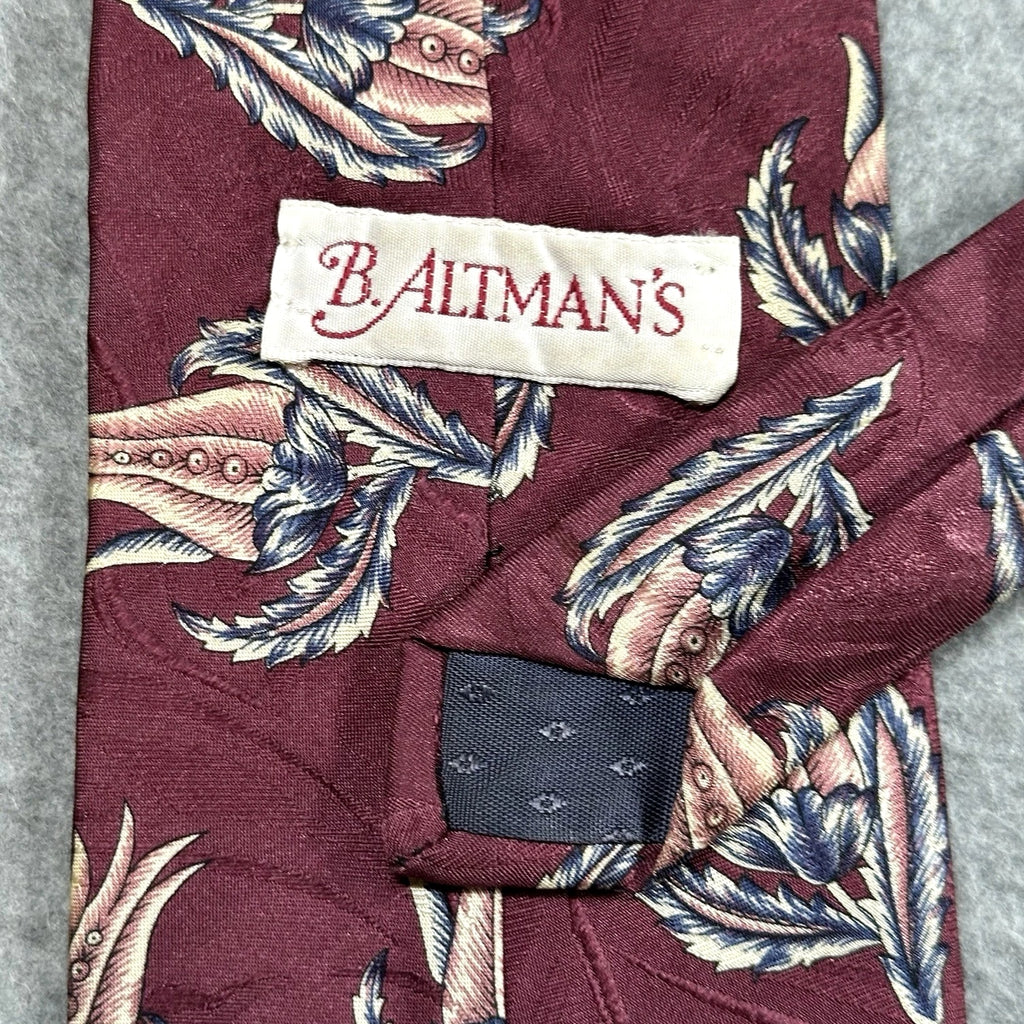 Vintage B Altman Silk Tie, Burgundy Floral Narrow 90s Mens Necktie 58x3.75in
