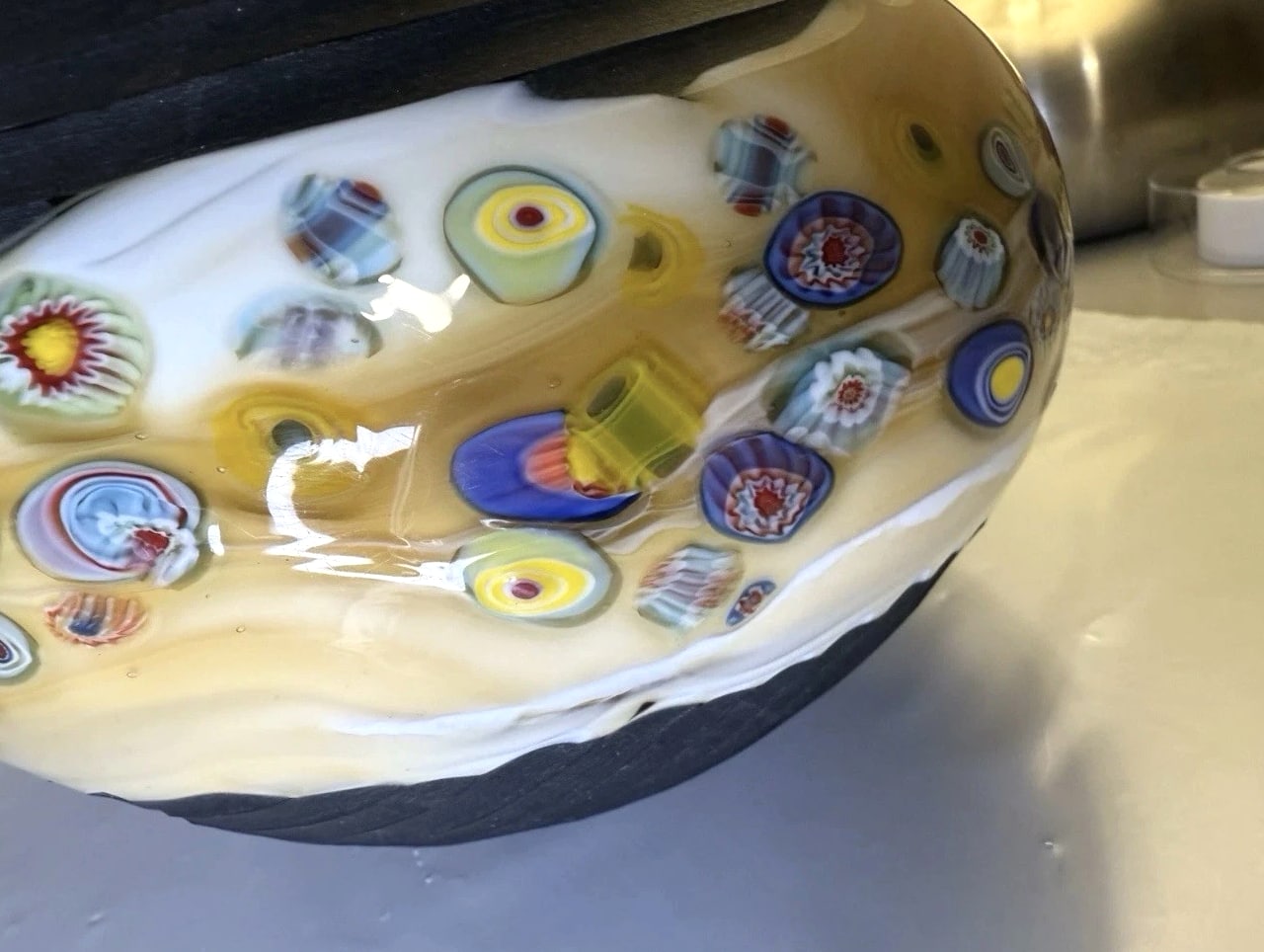 Stunning Yellow And Brown Pottery And Glass Millefiori Vase