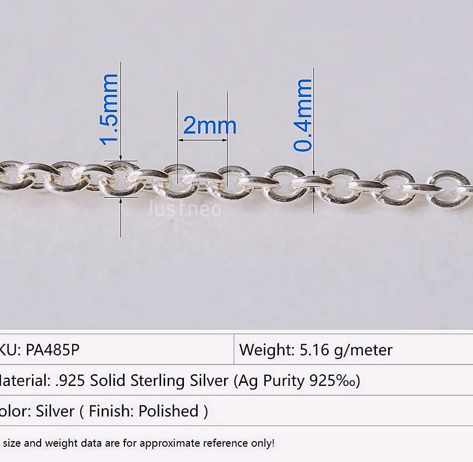 Justneo 925 Sterling Silver Oval Cable Chain 1 meter