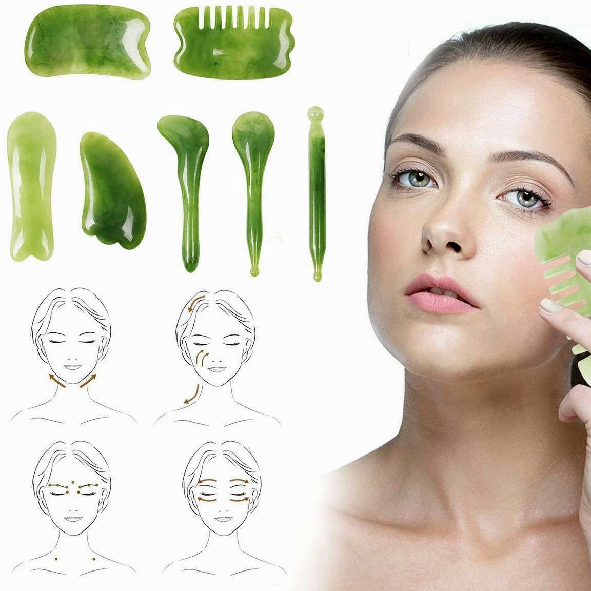 7 Pcs Jade Gua Sha Board Beauty Facial Roller Set Natural Face Neck Massager Tool