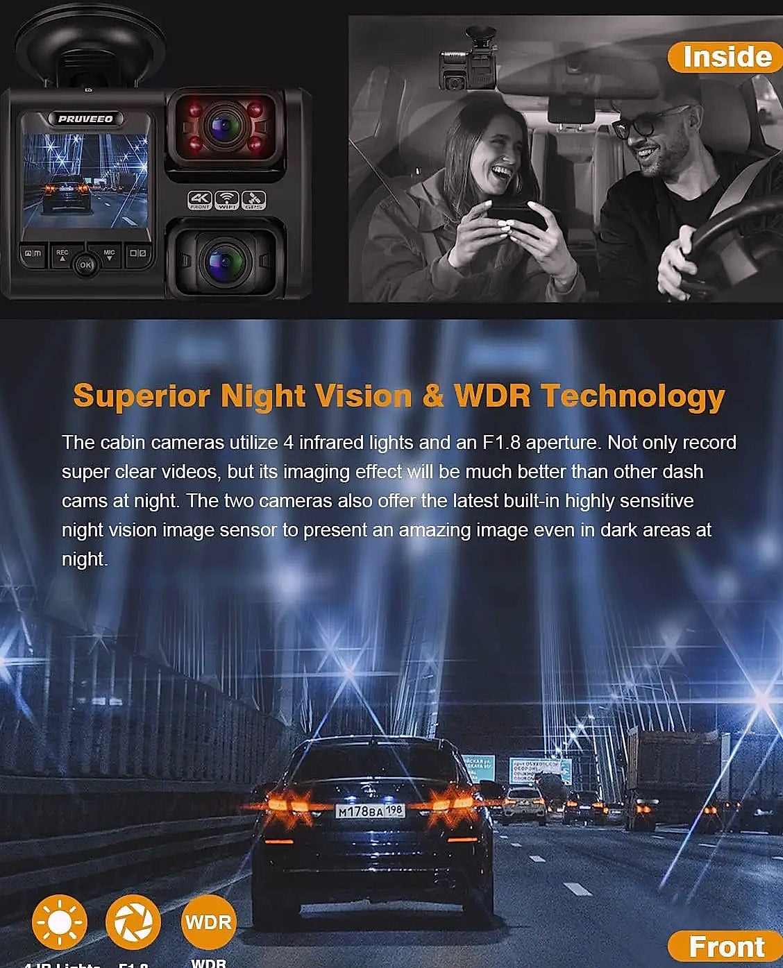 Kankeirr Dual 1080P Dash Cam with Interior Camera and Night Vision