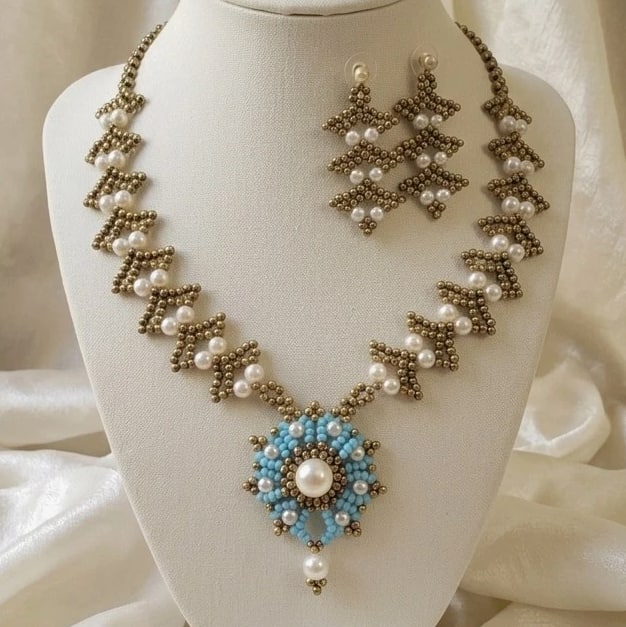 Vintage Brass Pearl Touch Class Earrings Craft Necklace Jewelry Set