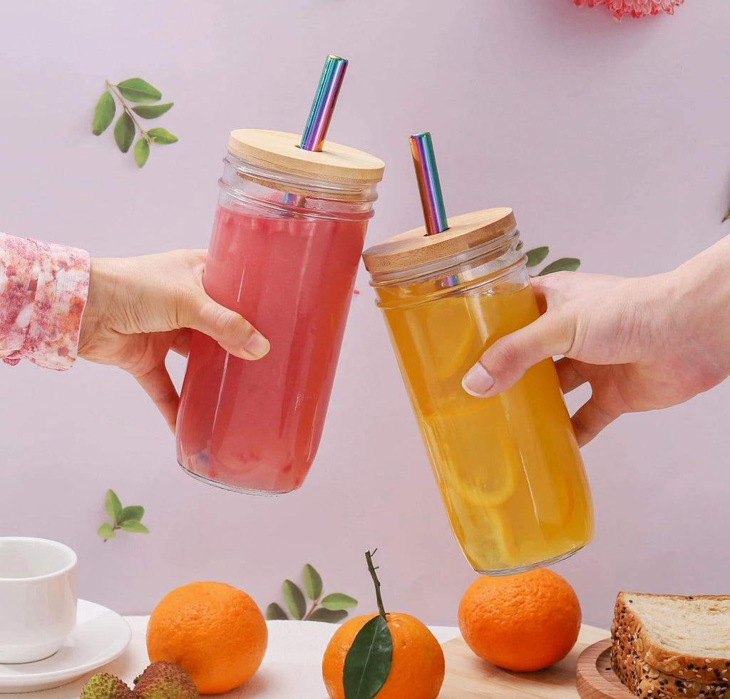 2 Pcs 24 oz Glass Cups With Bamboo Lids and Straws & 2 Airtight Lids, Reusabl...