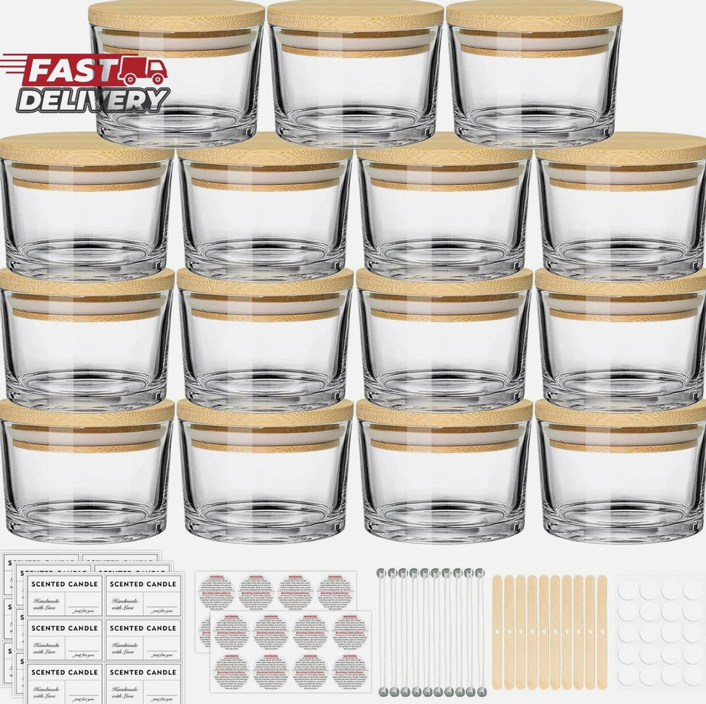 4 Oz Clear Candle Jars (15 Pack) - Small Wide Mouth Glass Jars with Bamboo Lids