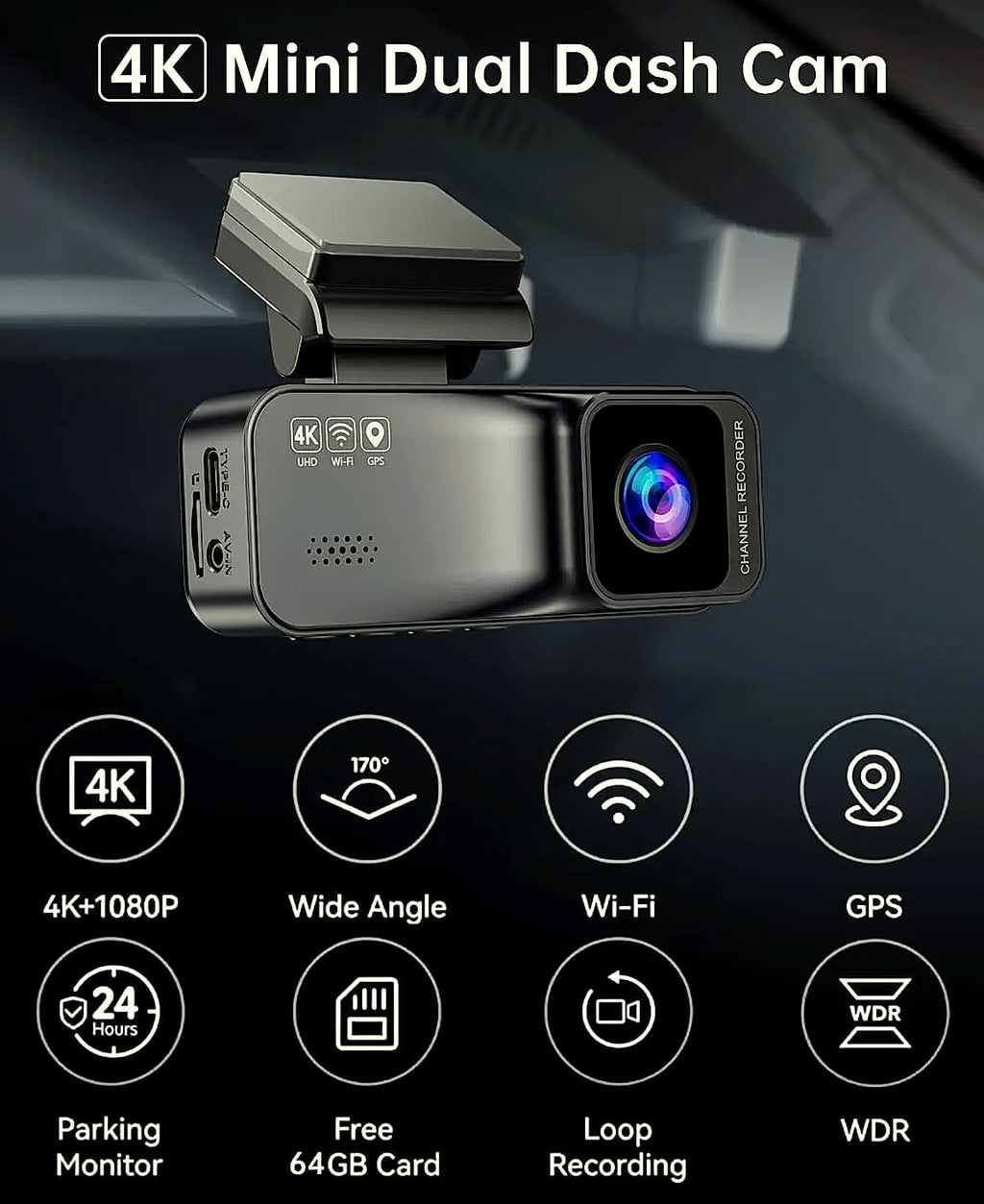 Kankeirr 4K/2.5K Dual Dash Cam with GPS and 64GB Card