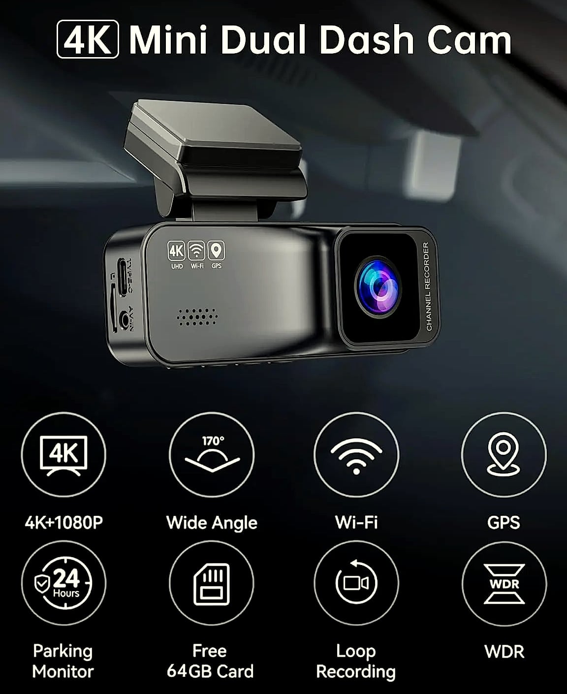 Kankeirr 4K/2.5K Dual Dash Cam with GPS and 64GB Card