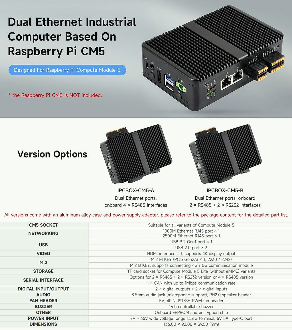 Waveshare CM5 Industrial Computer Dual Ethernet 4G/5G Edge Computing