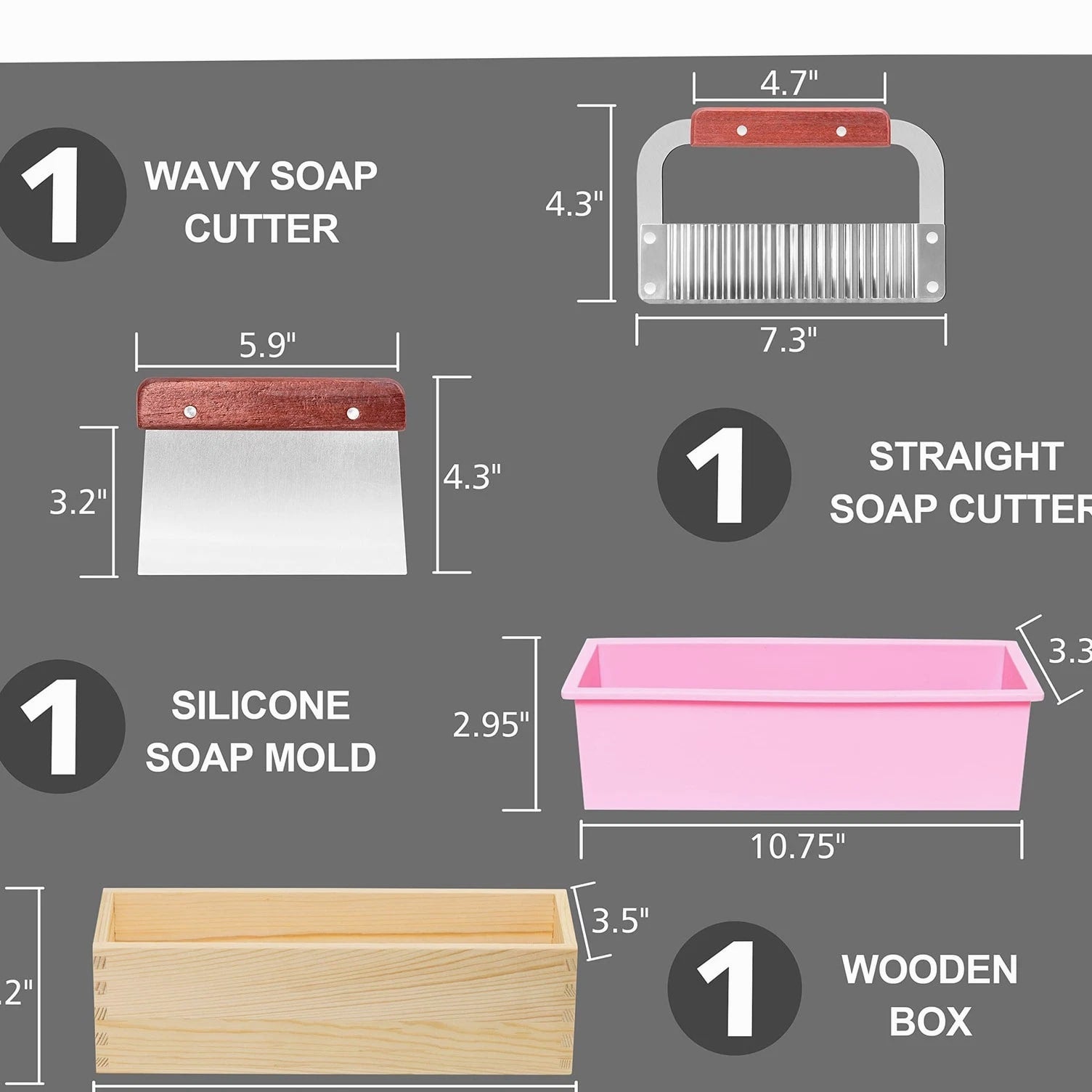 Soap Making Kit - Rectangular Silicone Mold 42oz, Wavy Cutter, Wood Box, Silver