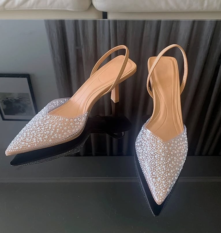Nuolaian Pearl Slingback Pumps Women's Pointed Toe Heels