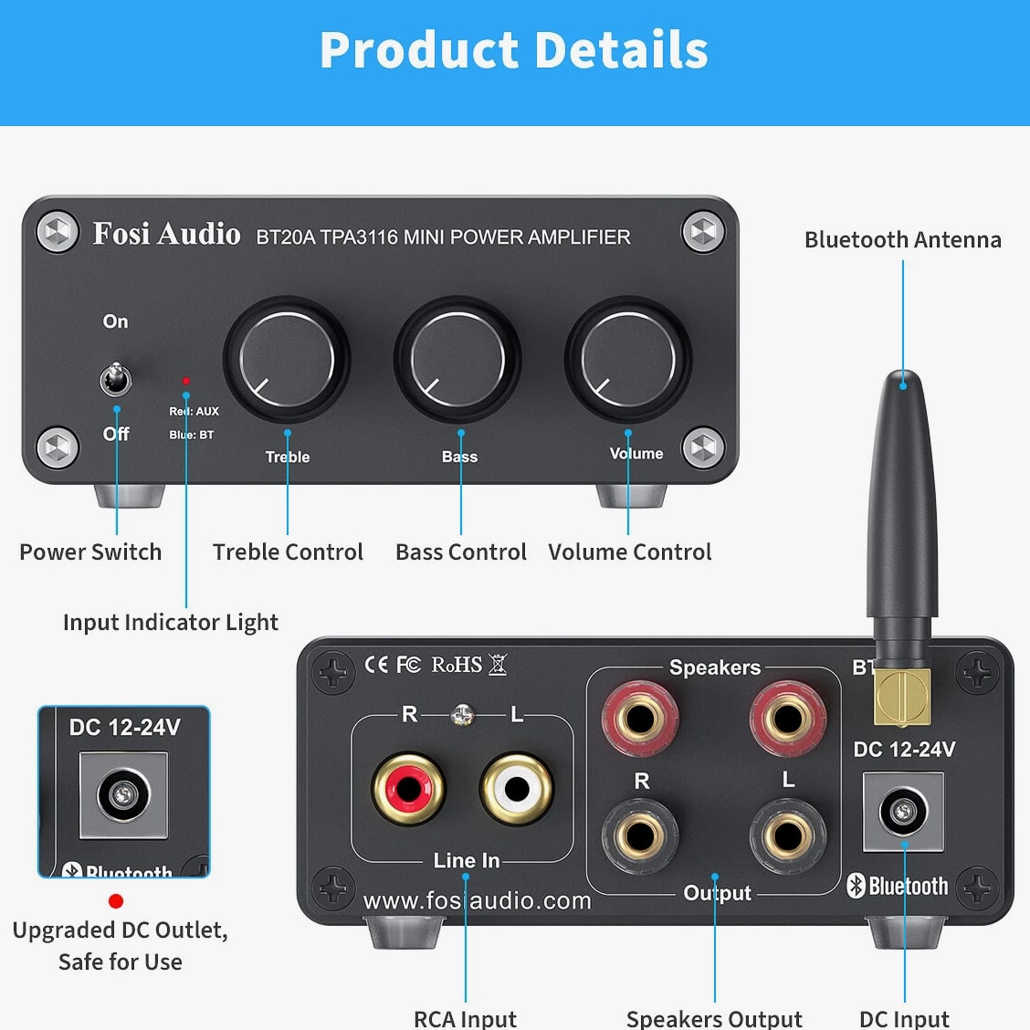 Fosi Audio BT20A Bluetooth 5.0 Stereo Audio 2.0CH Amplifier Receiver Mini Hi-Fi