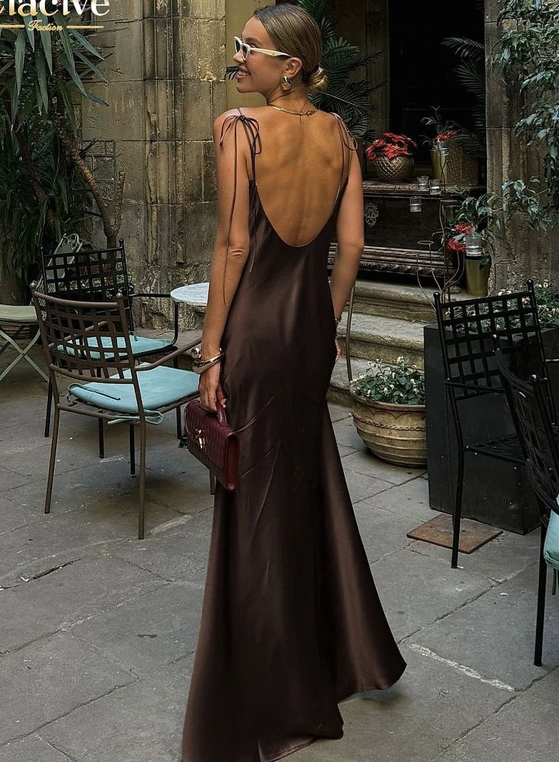 Clacive Brown Satin Floor Length Backless Dress